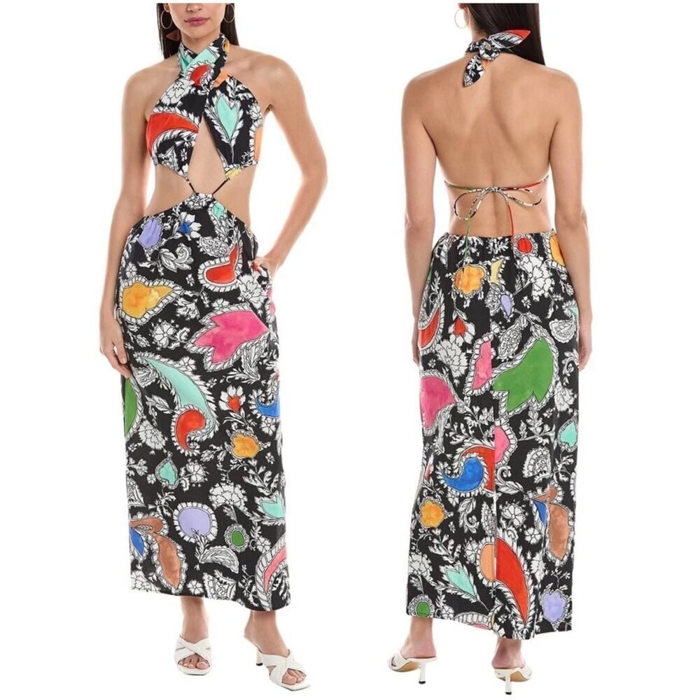 NWT Mara Hoffman Laila Cutout Maxi Dress Black Multicolor Print Organic Cotton M